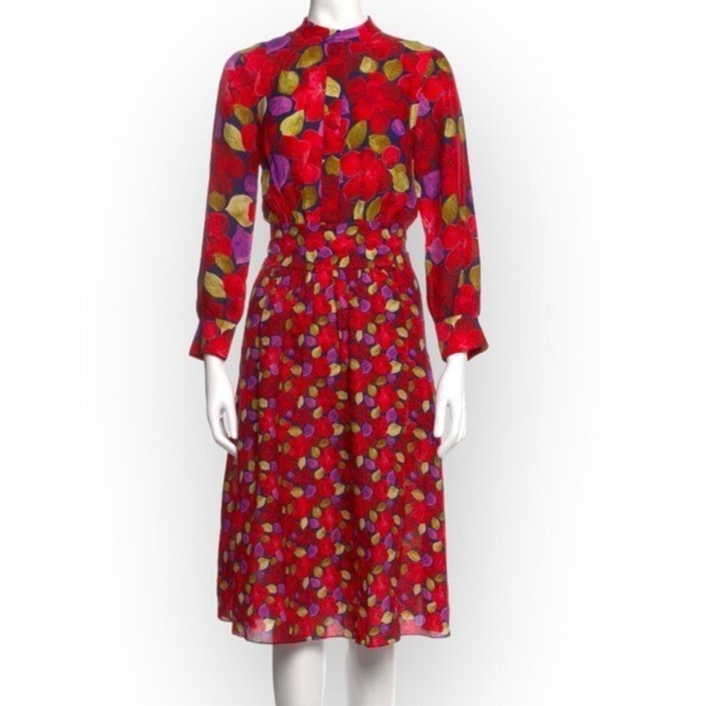 DYVNA Red Silk Dress Blend Floral Midi Length Shirtdress NWT -‎ size M